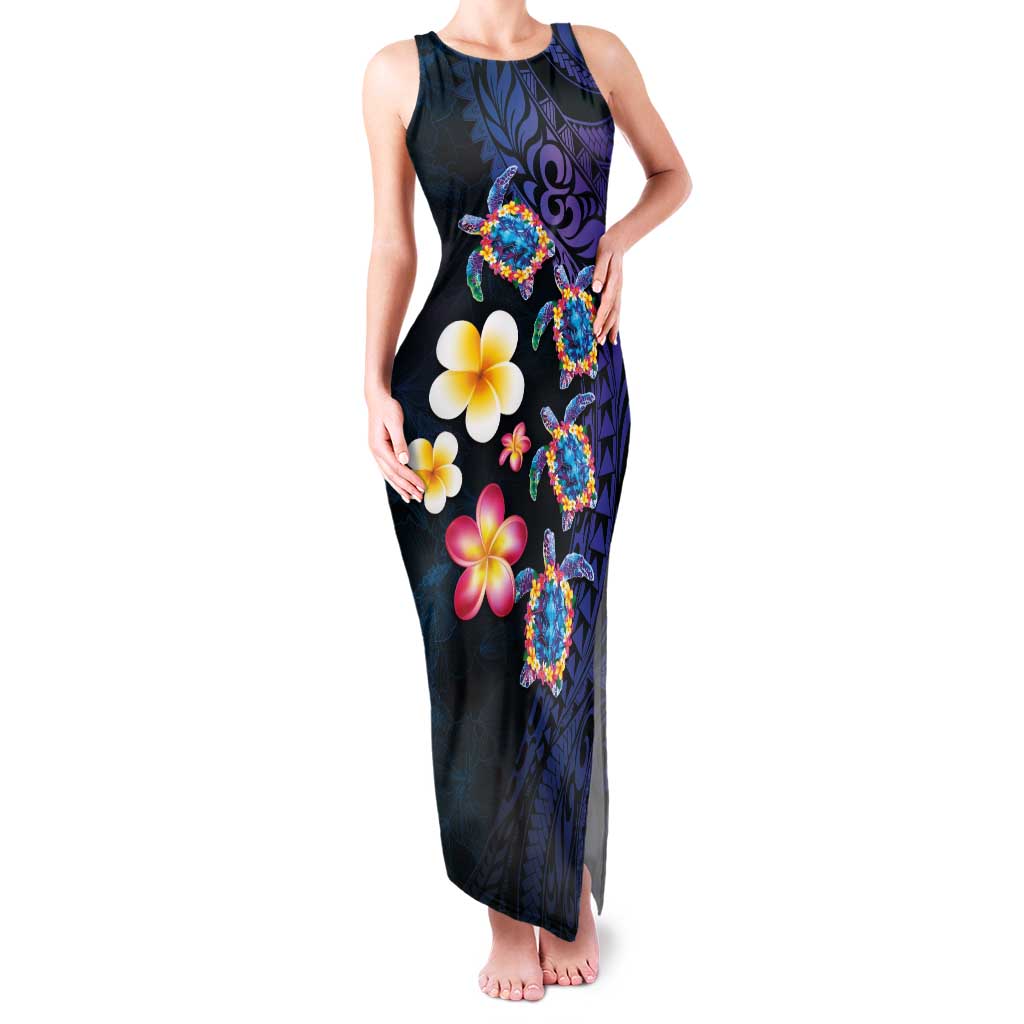 Hawaiian Turtles and Plumeria Family Matching Tank Maxi Dress and Hawaiian Shirt Polynesian Art Tribal Tattoo Dark Aqua Color