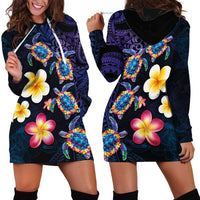 Hawaiian Turtles and Plumeria Hoodie Dress Polynesian Art Tribal Tattoo Dark Aqua Color
