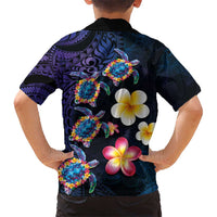 Hawaiian Turtles and Plumeria Kid Hawaiian Shirt Polynesian Art Tribal Tattoo Dark Aqua Color