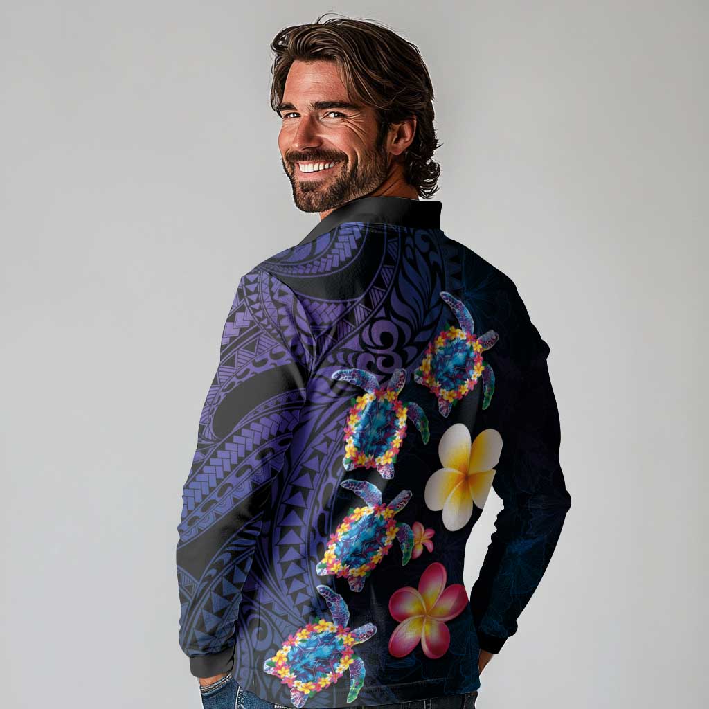 Hawaiian Turtles and Plumeria Long Sleeve Polo Shirt Polynesian Art Tribal Tattoo Dark Aqua Color