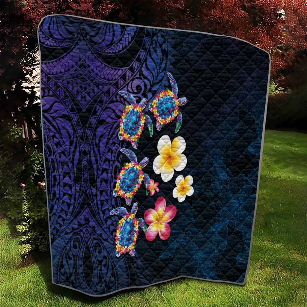Hawaiian Turtles and Plumeria Quilt Polynesian Art Tribal Tattoo Dark Aqua Color