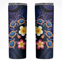 Hawaiian Turtles and Plumeria Skinny Tumbler Polynesian Art Tribal Tattoo Dark Aqua Color