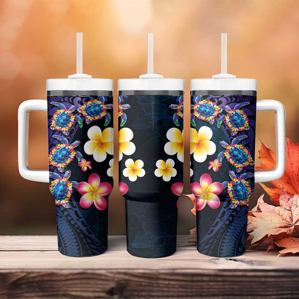 Hawaiian Turtles and Plumeria Tumbler With Handle Polynesian Art Tribal Tattoo Dark Aqua Color LT03 - Polynesian Pride