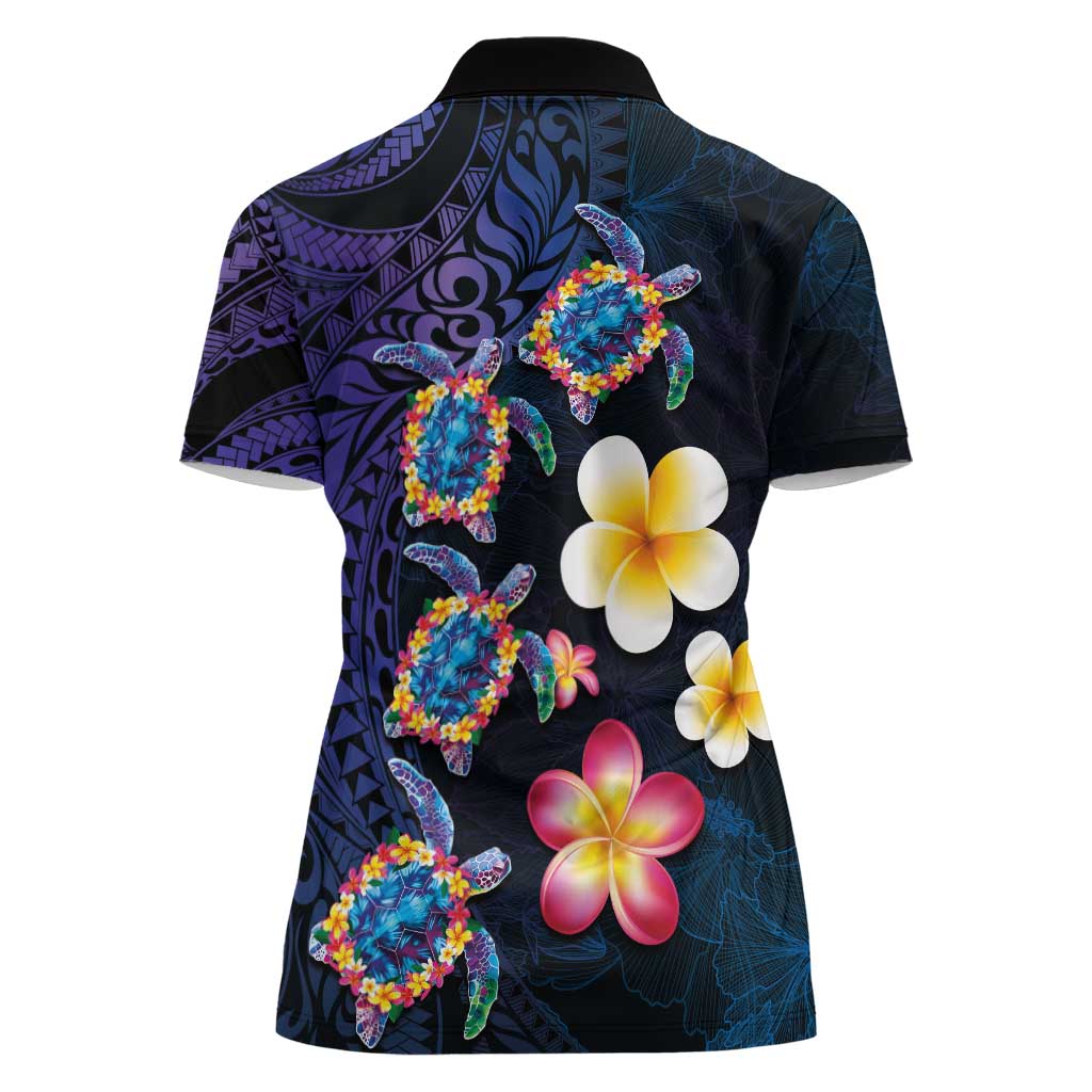Hawaiian Turtles and Plumeria Women Polo Shirt Polynesian Art Tribal Tattoo Dark Aqua Color