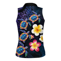 Hawaiian Turtles and Plumeria Women Sleeveless Polo Shirt Polynesian Art Tribal Tattoo Dark Aqua Color