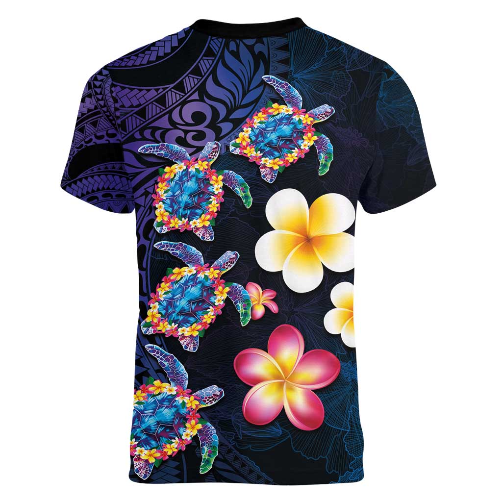 Hawaiian Turtles and Plumeria Women V-Neck T-Shirt Polynesian Art Tribal Tattoo Dark Aqua Color