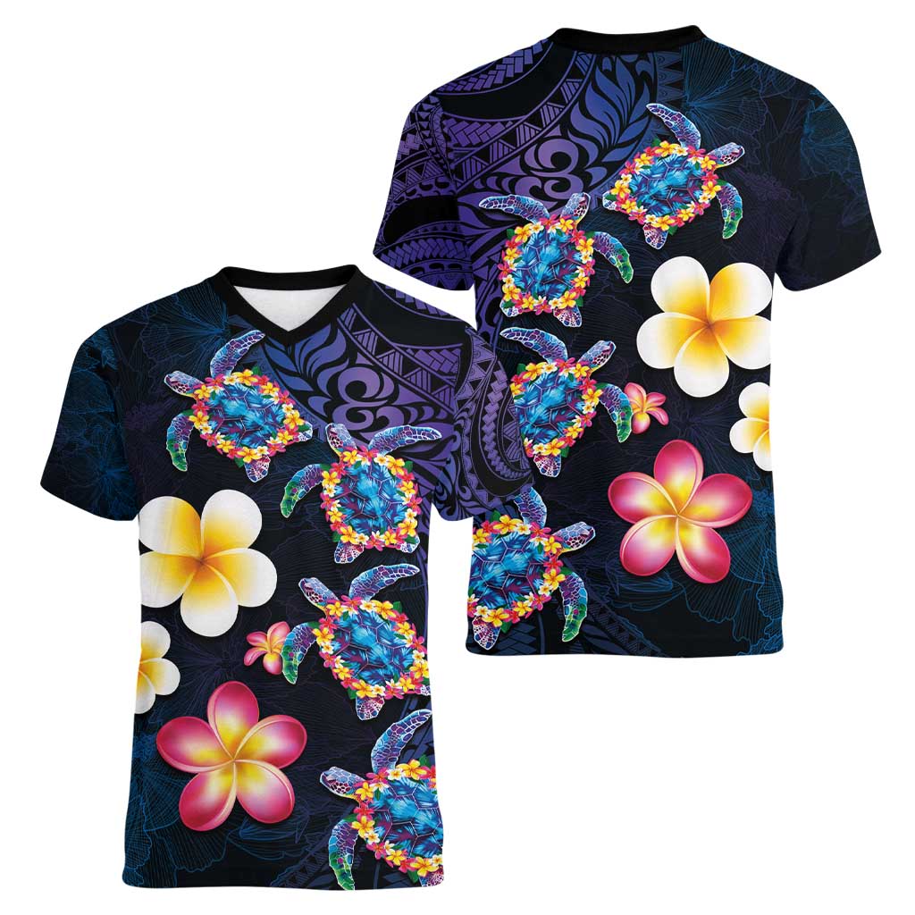 Hawaiian Turtles and Plumeria Women V-Neck T-Shirt Polynesian Art Tribal Tattoo Dark Aqua Color