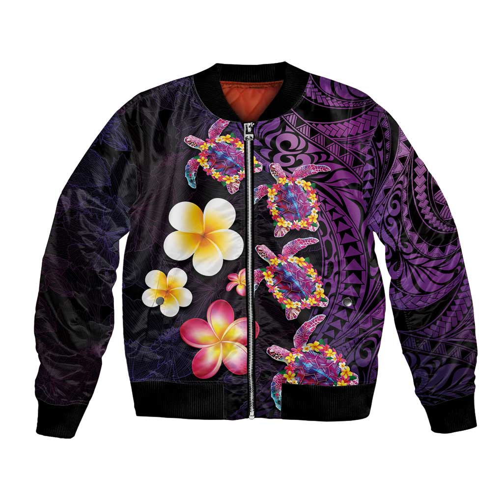 Hawaiian Turtles and Plumeria Bomber Jacket Polynesian Art Tribal Tattoo Deep Violet Color LT03 Unisex Purple - Polynesian Pride