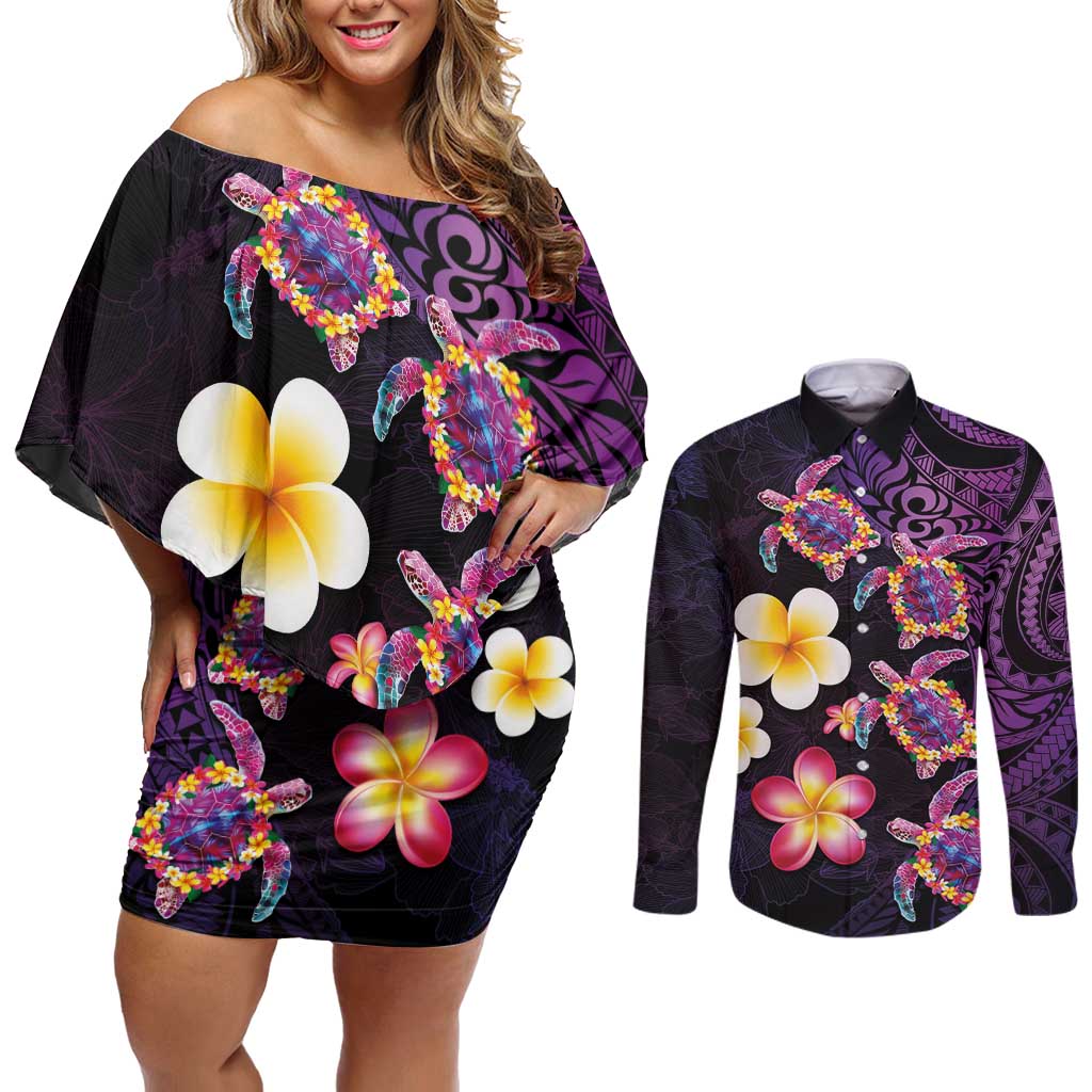 Hawaiian Turtles and Plumeria Couples Matching Off Shoulder Short Dress and Long Sleeve Button Shirt Polynesian Art Tribal Tattoo Deep Violet Color LT03 Purple - Polynesian Pride