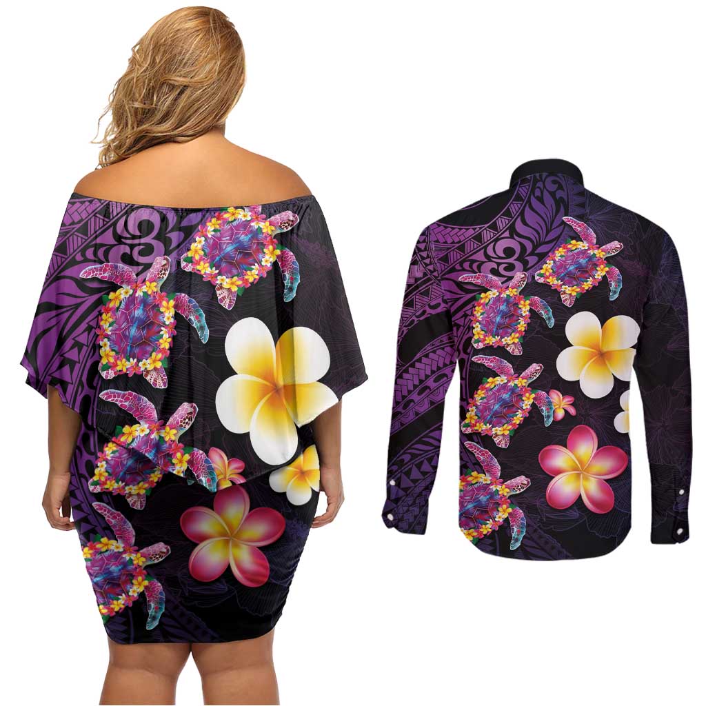 Hawaiian Turtles and Plumeria Couples Matching Off Shoulder Short Dress and Long Sleeve Button Shirt Polynesian Art Tribal Tattoo Deep Violet Color