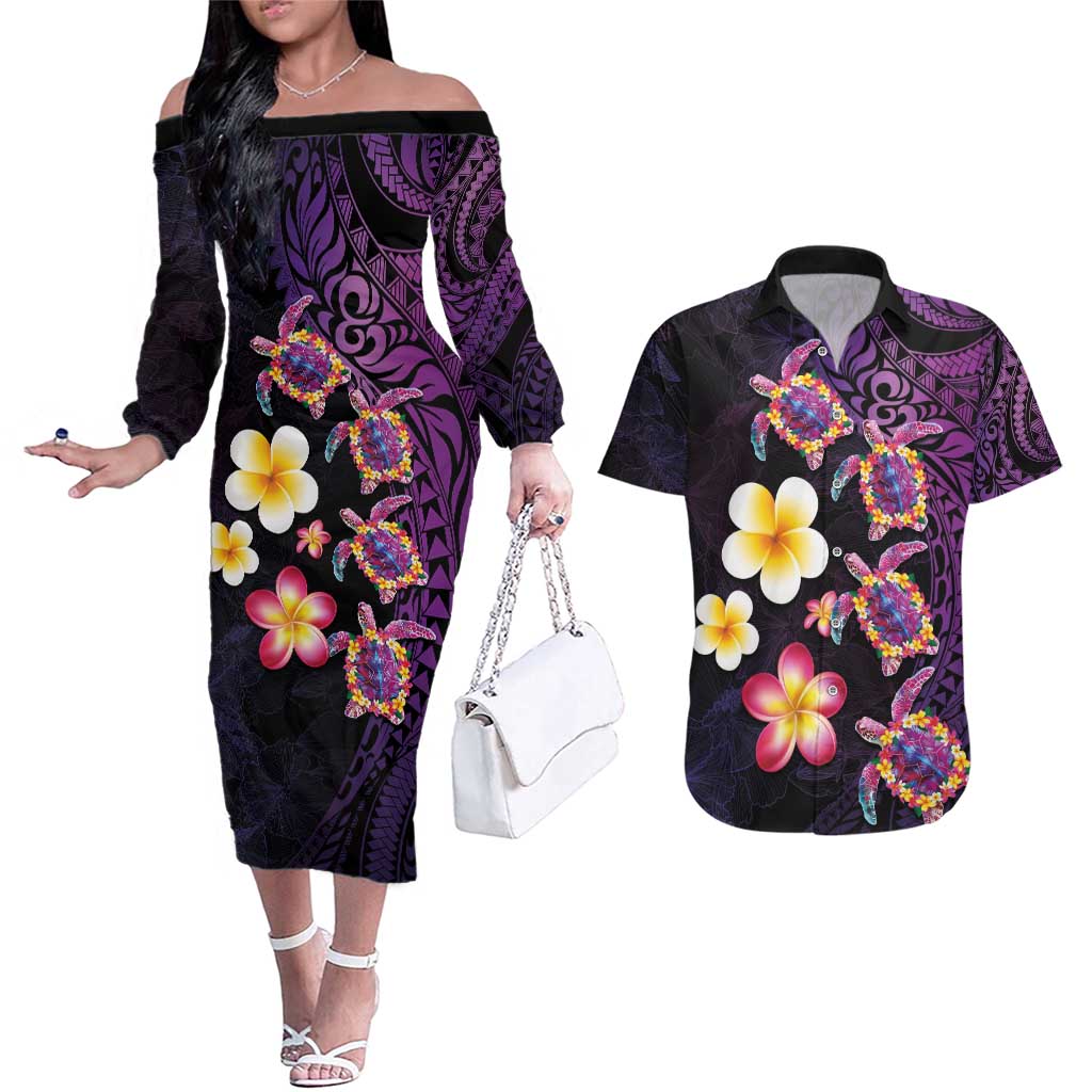 Hawaiian Turtles and Plumeria Couples Matching Off The Shoulder Long Sleeve Dress and Hawaiian Shirt Polynesian Art Tribal Tattoo Deep Violet Color LT03 Purple - Polynesian Pride