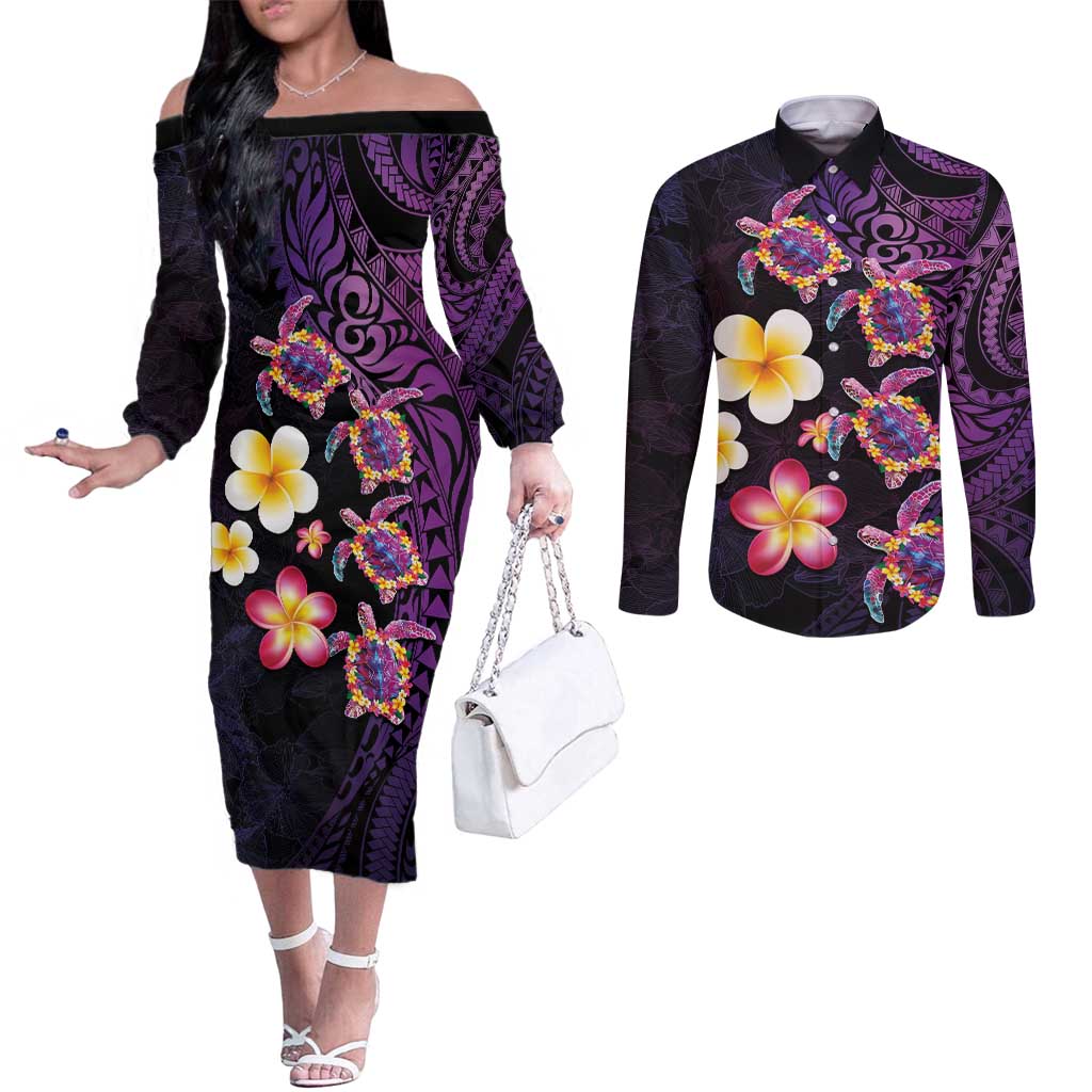 Hawaiian Turtles and Plumeria Couples Matching Off The Shoulder Long Sleeve Dress and Long Sleeve Button Shirt Polynesian Art Tribal Tattoo Deep Violet Color LT03 Purple - Polynesian Pride