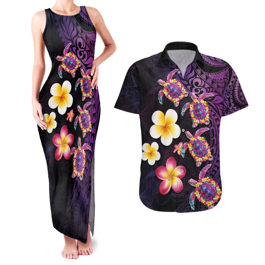 Hawaiian Turtles and Plumeria Couples Matching Tank Maxi Dress and Hawaiian Shirt Polynesian Art Tribal Tattoo Deep Violet Color LT03 Purple - Polynesian Pride