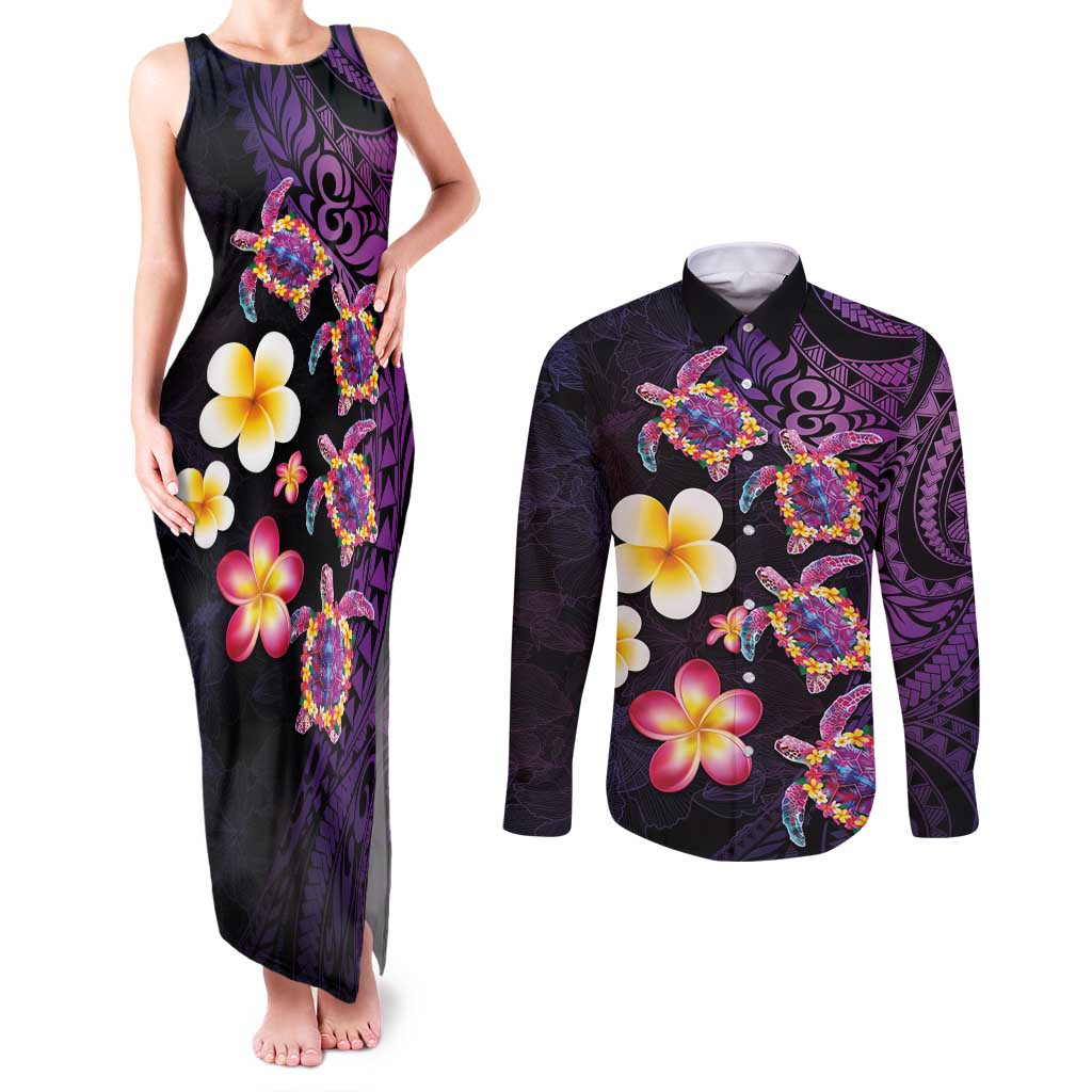 Hawaiian Turtles and Plumeria Couples Matching Tank Maxi Dress and Long Sleeve Button Shirt Polynesian Art Tribal Tattoo Deep Violet Color LT03 Purple - Polynesian Pride