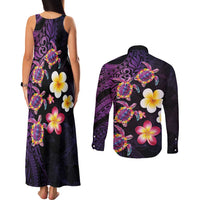 Hawaiian Turtles and Plumeria Couples Matching Tank Maxi Dress and Long Sleeve Button Shirt Polynesian Art Tribal Tattoo Deep Violet Color