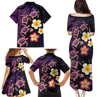 Hawaiian Turtles and Plumeria Family Matching Puletasi and Hawaiian Shirt Polynesian Art Tribal Tattoo Deep Violet Color