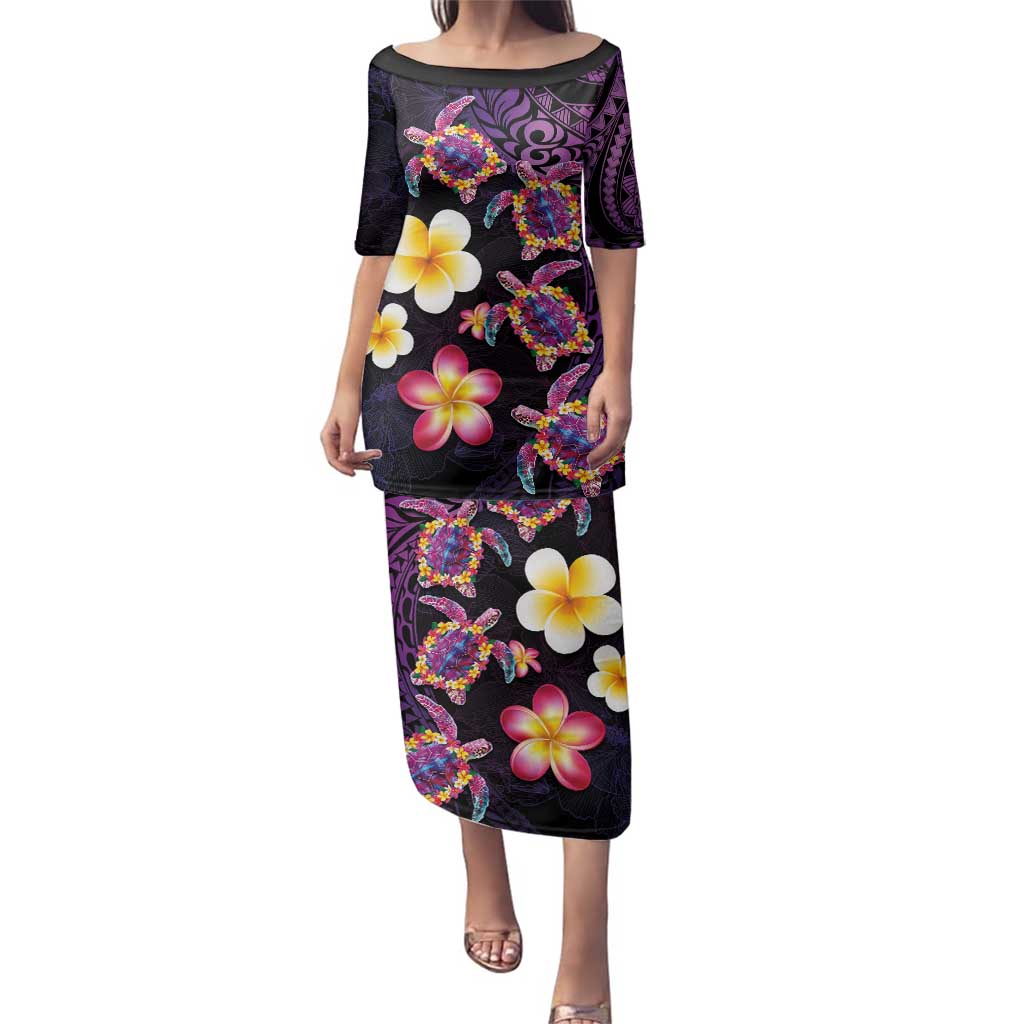 Hawaiian Turtles and Plumeria Family Matching Puletasi and Hawaiian Shirt Polynesian Art Tribal Tattoo Deep Violet Color