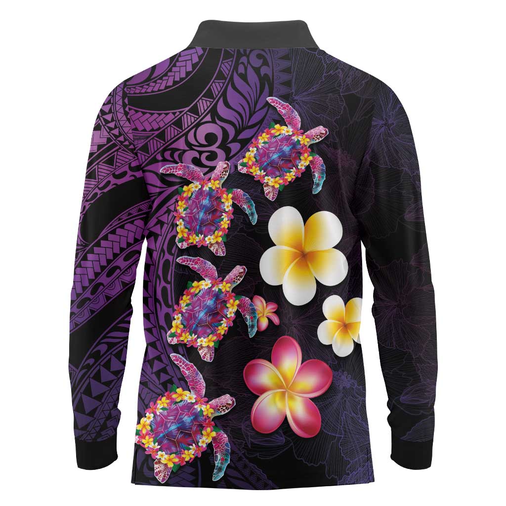 Hawaiian Turtles and Plumeria Long Sleeve Polo Shirt Polynesian Art Tribal Tattoo Deep Violet Color