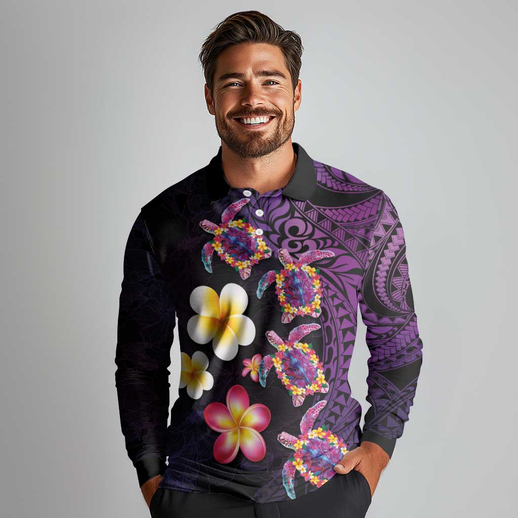 Hawaiian Turtles and Plumeria Long Sleeve Polo Shirt Polynesian Art Tribal Tattoo Deep Violet Color