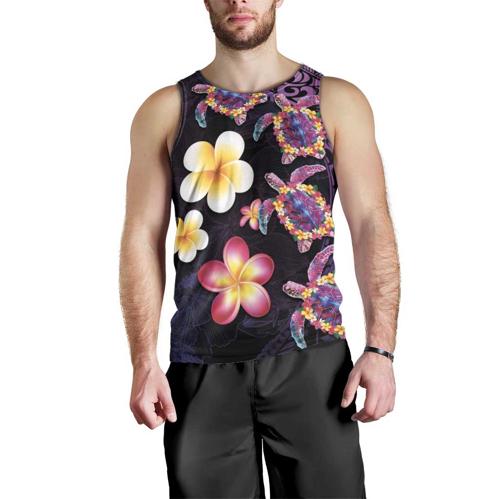 Hawaiian Turtles and Plumeria Men Tank Top Polynesian Art Tribal Tattoo Deep Violet Color