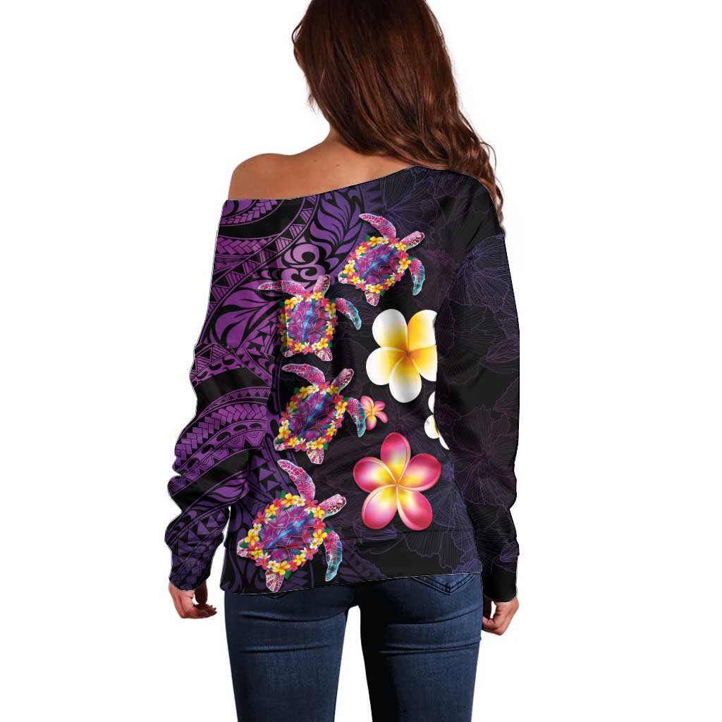 Hawaiian Turtles and Plumeria Off Shoulder Sweater Polynesian Art Tribal Tattoo Deep Violet Color