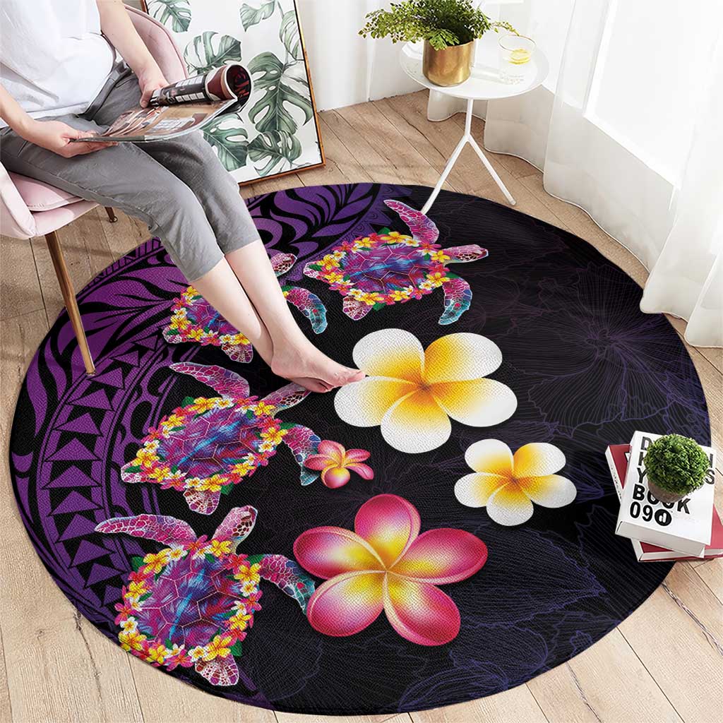 Hawaiian Turtles and Plumeria Round Carpet Polynesian Art Tribal Tattoo Deep Violet Color LT03 - Polynesian Pride