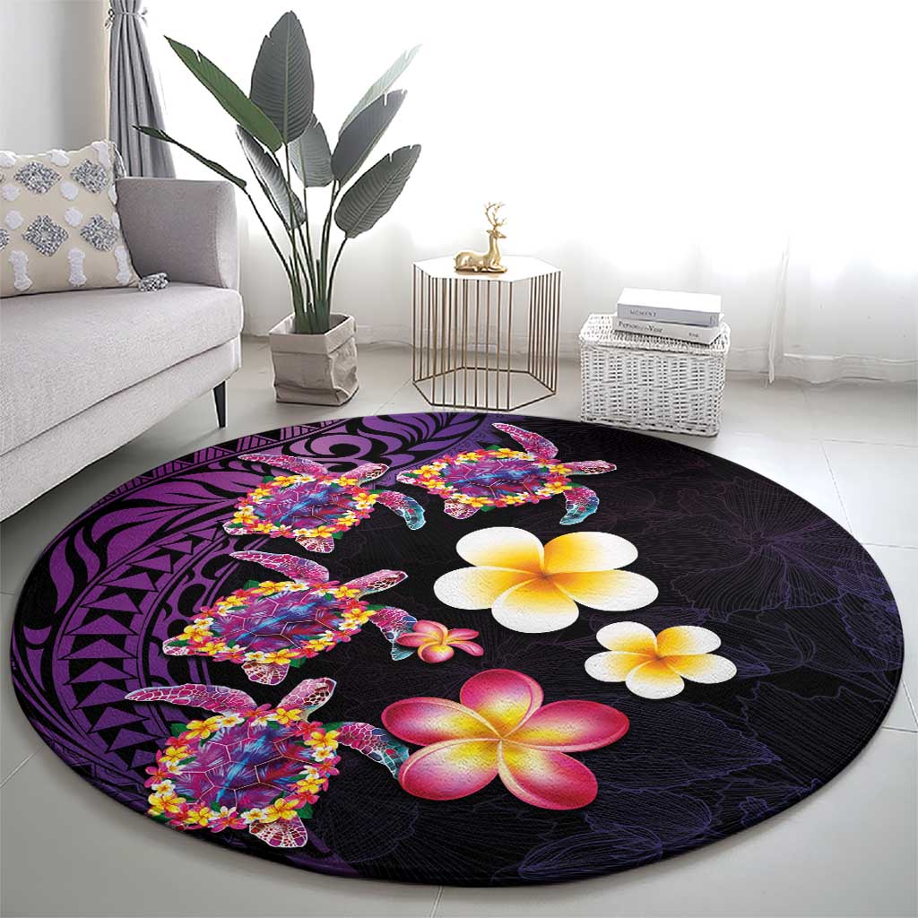 Hawaiian Turtles and Plumeria Round Carpet Polynesian Art Tribal Tattoo Deep Violet Color LT03 - Polynesian Pride