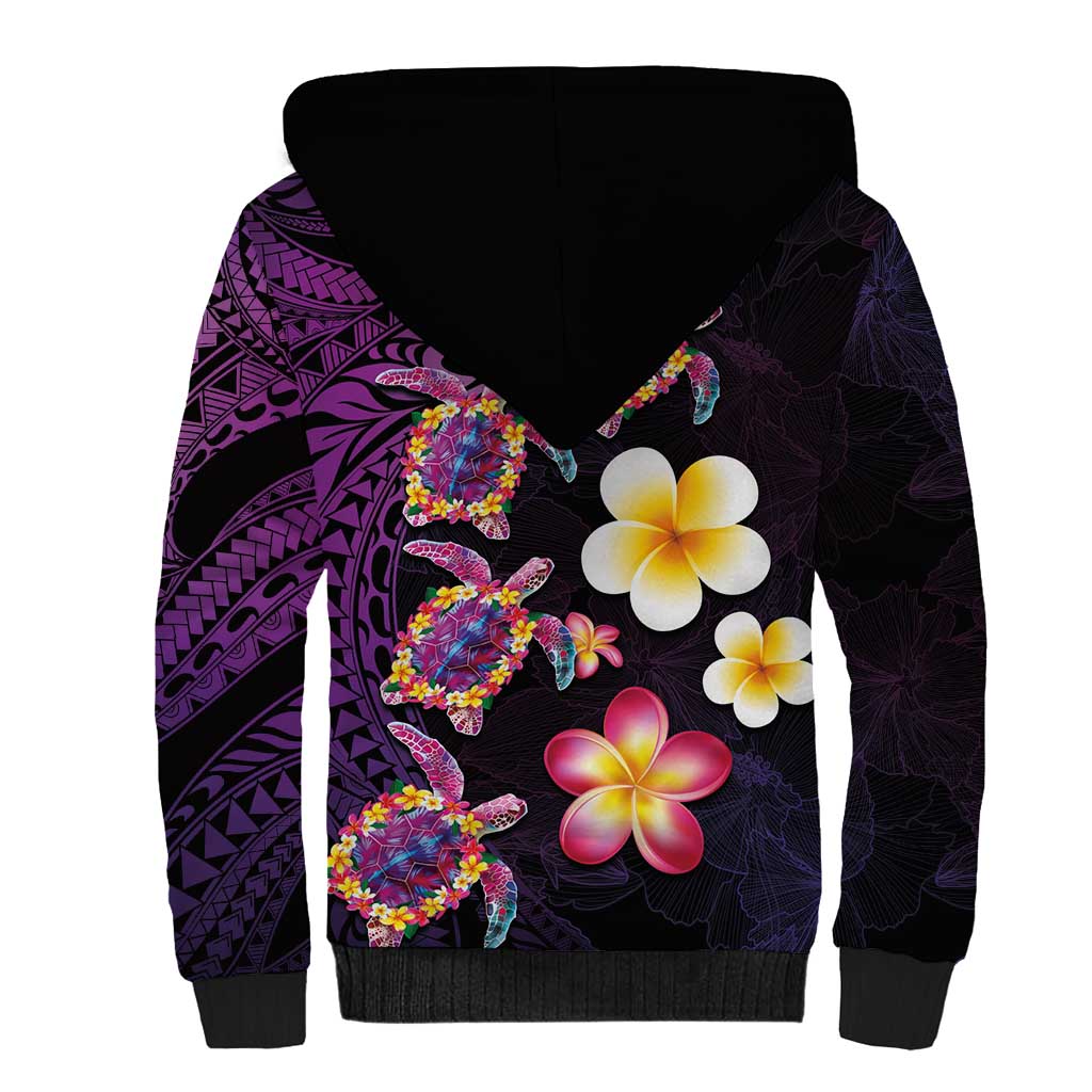 Hawaiian Turtles and Plumeria Sherpa Hoodie Polynesian Art Tribal Tattoo Deep Violet Color