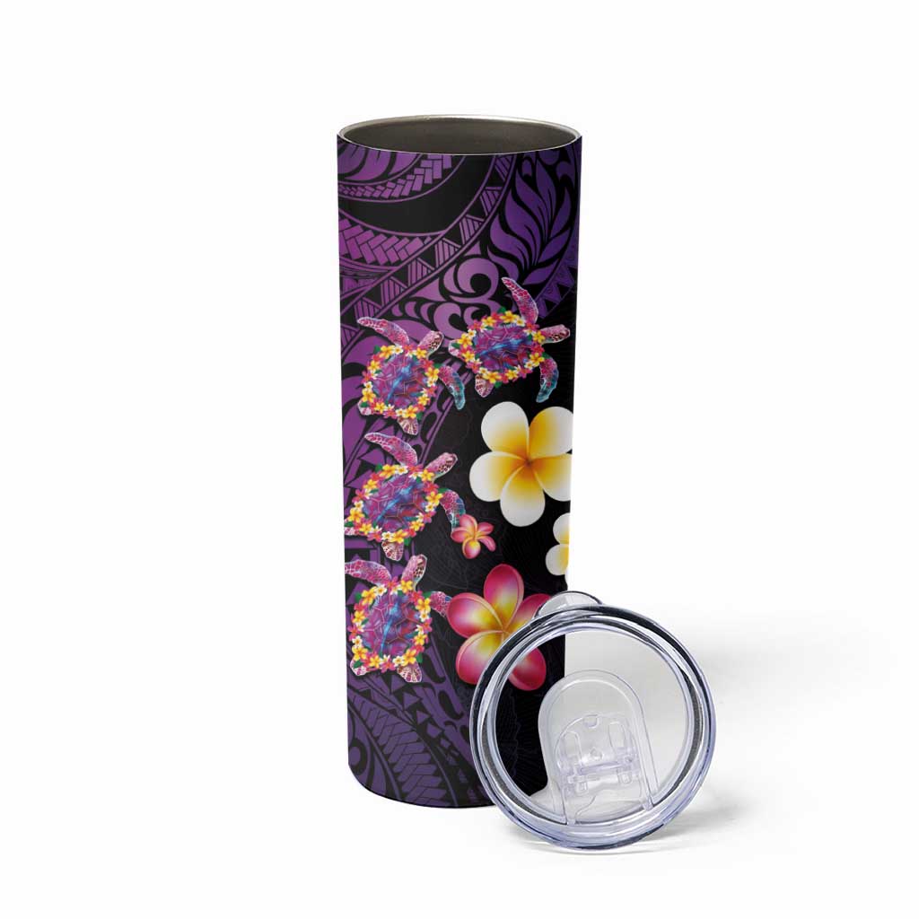 Hawaiian Turtles and Plumeria Skinny Tumbler Polynesian Art Tribal Tattoo Deep Violet Color