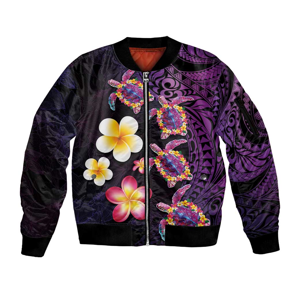 Hawaiian Turtles and Plumeria Sleeve Zip Bomber Jacket Polynesian Art Tribal Tattoo Deep Violet Color LT03 Unisex Purple - Polynesian Pride