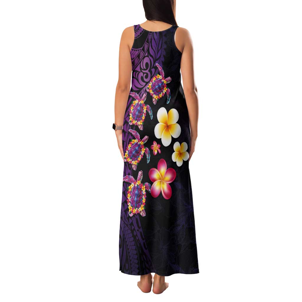 Hawaiian Turtles and Plumeria Tank Maxi Dress Polynesian Art Tribal Tattoo Deep Violet Color