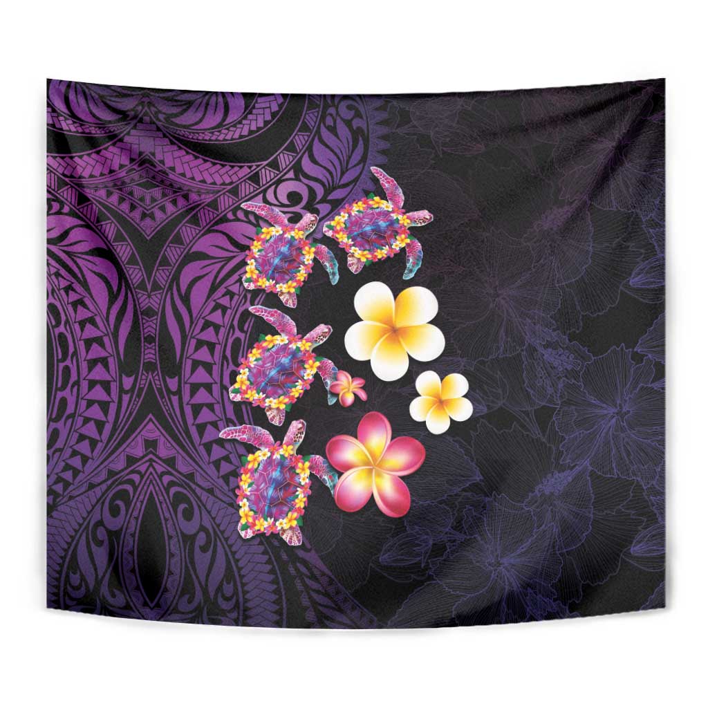 Hawaiian Turtles and Plumeria Tapestry Polynesian Art Tribal Tattoo Deep Violet Color
