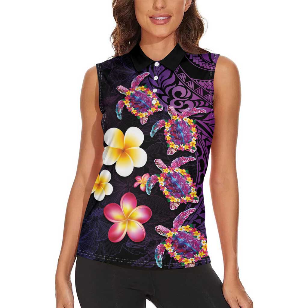 Hawaiian Turtles and Plumeria Women Sleeveless Polo Shirt Polynesian Art Tribal Tattoo Deep Violet Color