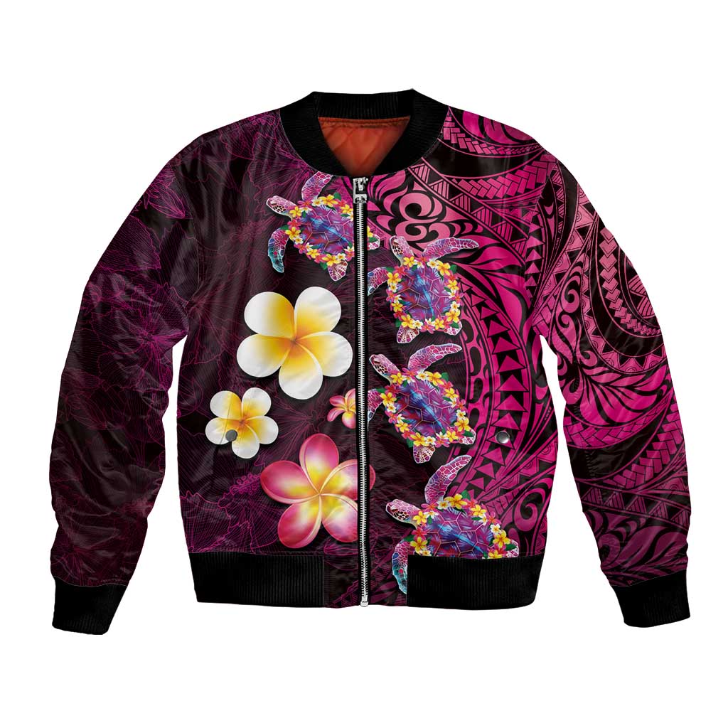 Hawaiian Turtles and Plumeria Bomber Jacket Polynesian Art Tribal Tattoo Cerise LT03 Unisex Pink - Polynesian Pride