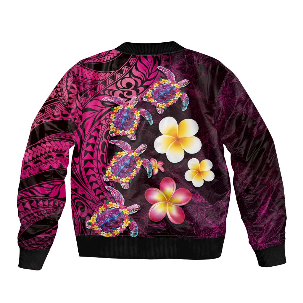 Hawaiian Turtles and Plumeria Bomber Jacket Polynesian Art Tribal Tattoo Cerise