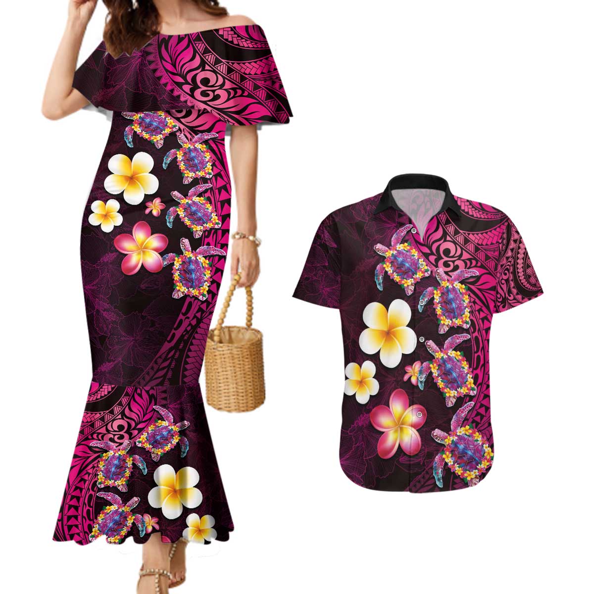 Hawaiian Turtles and Plumeria Couples Matching Mermaid Dress and Hawaiian Shirt Polynesian Art Tribal Tattoo Cerise