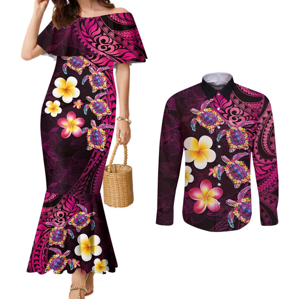 Hawaiian Turtles and Plumeria Couples Matching Mermaid Dress and Long Sleeve Button Shirt Polynesian Art Tribal Tattoo Cerise LT03 Pink - Polynesian Pride