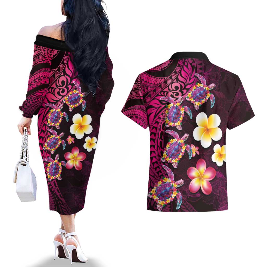 Hawaiian Turtles and Plumeria Couples Matching Off The Shoulder Long Sleeve Dress and Hawaiian Shirt Polynesian Art Tribal Tattoo Cerise