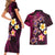 Hawaiian Turtles and Plumeria Couples Matching Short Sleeve Bodycon Dress and Hawaiian Shirt Polynesian Art Tribal Tattoo Cerise