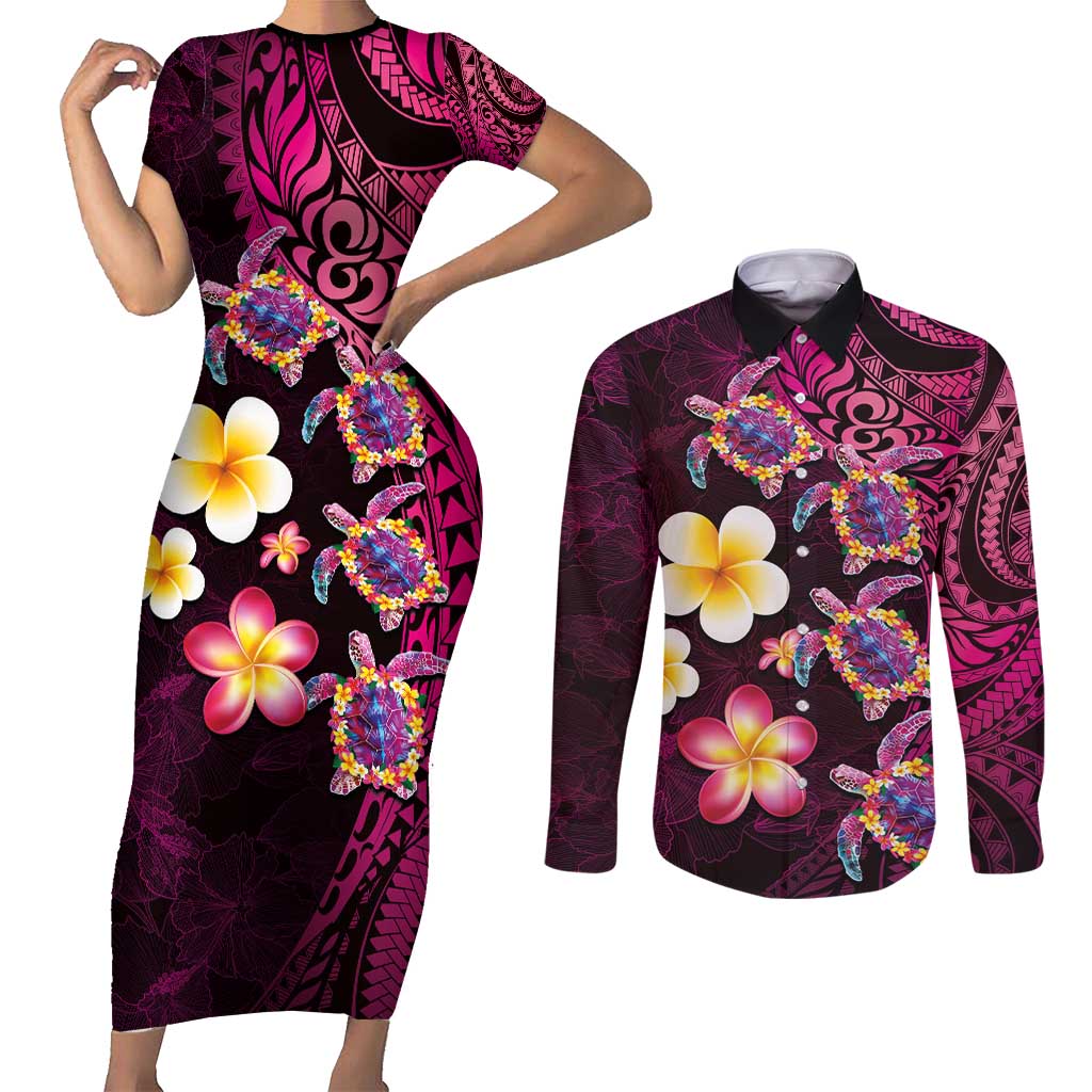 Hawaiian Turtles and Plumeria Couples Matching Short Sleeve Bodycon Dress and Long Sleeve Button Shirt Polynesian Art Tribal Tattoo Cerise LT03 Pink - Polynesian Pride