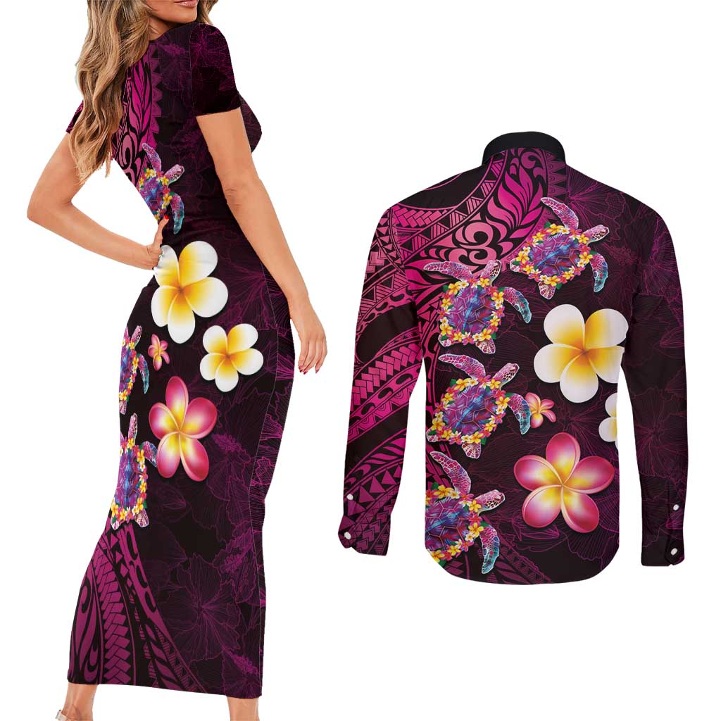 Hawaiian Turtles and Plumeria Couples Matching Short Sleeve Bodycon Dress and Long Sleeve Button Shirt Polynesian Art Tribal Tattoo Cerise