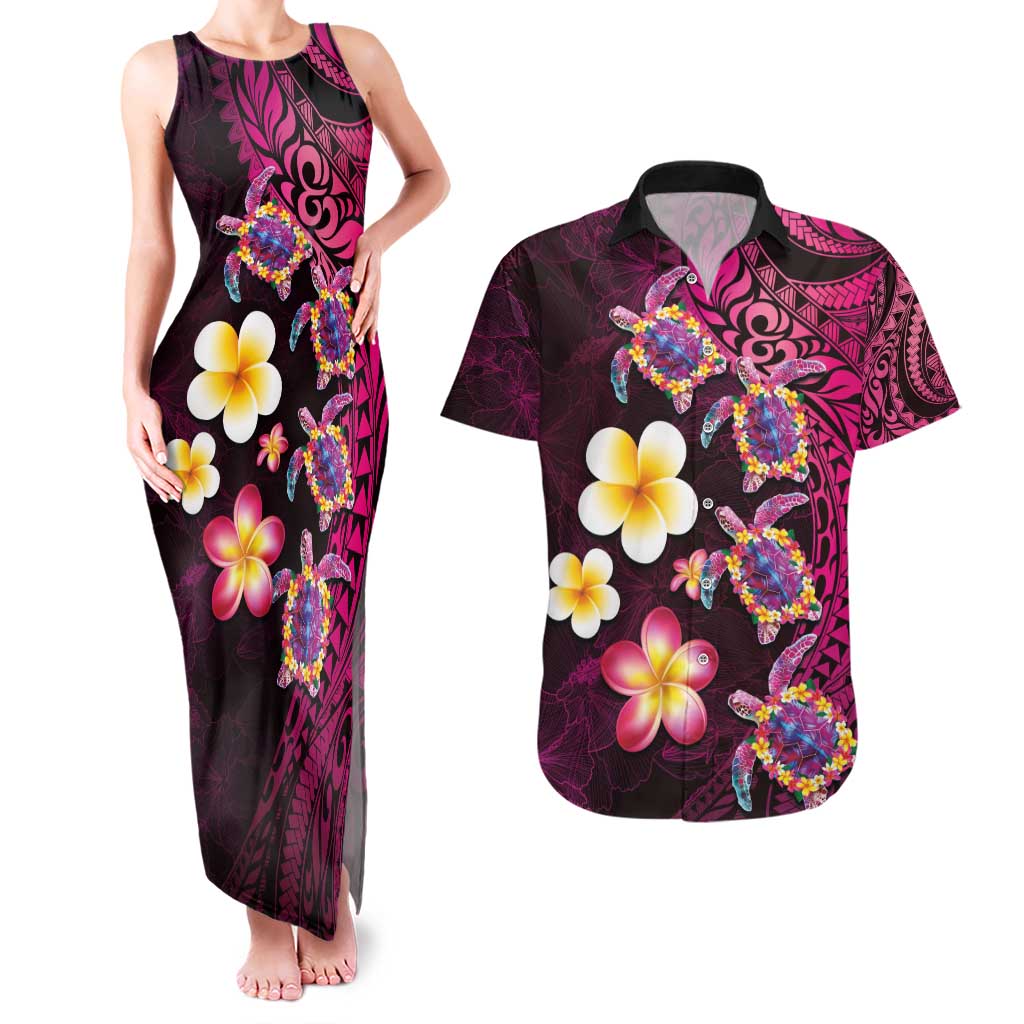 Hawaiian Turtles and Plumeria Couples Matching Tank Maxi Dress and Hawaiian Shirt Polynesian Art Tribal Tattoo Cerise