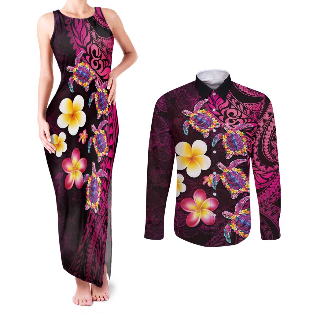 Hawaiian Turtles and Plumeria Couples Matching Tank Maxi Dress and Long Sleeve Button Shirt Polynesian Art Tribal Tattoo Cerise LT03 Pink - Polynesian Pride