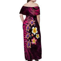 Hawaiian Turtles and Plumeria Family Matching Off Shoulder Maxi Dress and Hawaiian Shirt Polynesian Art Tribal Tattoo Cerise