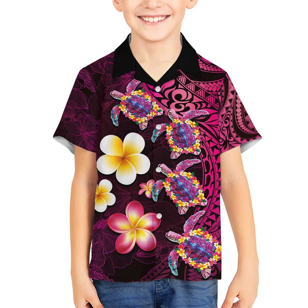 Hawaiian Turtles and Plumeria Kid Hawaiian Shirt Polynesian Art Tribal Tattoo Cerise