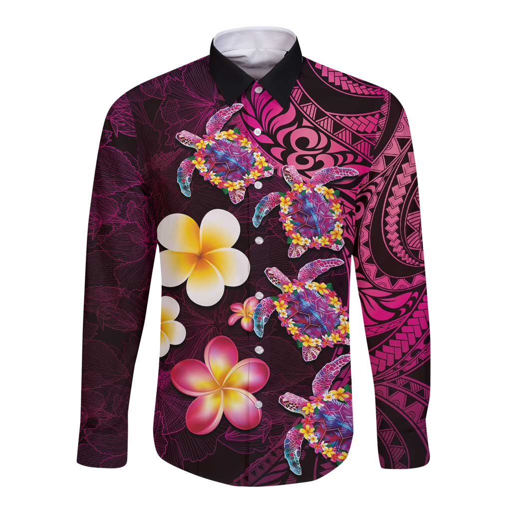 Hawaiian Turtles and Plumeria Long Sleeve Button Shirt - Polynesian Art Tribal Tattoo Cerise LT03 - Polynesian Pride