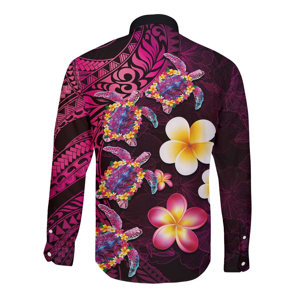 Hawaiian Turtles and Plumeria Long Sleeve Button Shirt - Polynesian Art Tribal Tattoo Cerise LT03