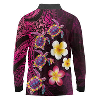 Hawaiian Turtles and Plumeria Long Sleeve Polo Shirt Polynesian Art Tribal Tattoo Cerise