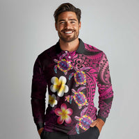 Hawaiian Turtles and Plumeria Long Sleeve Polo Shirt Polynesian Art Tribal Tattoo Cerise