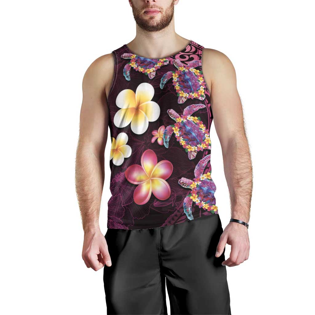 Hawaiian Turtles and Plumeria Men Tank Top Polynesian Art Tribal Tattoo Cerise